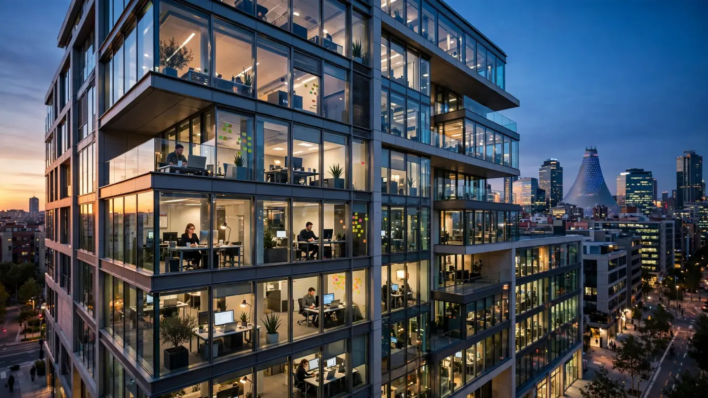 Distrito financiero moderno en Barcelona al atardecer con fachadas de edificios contemporáneos