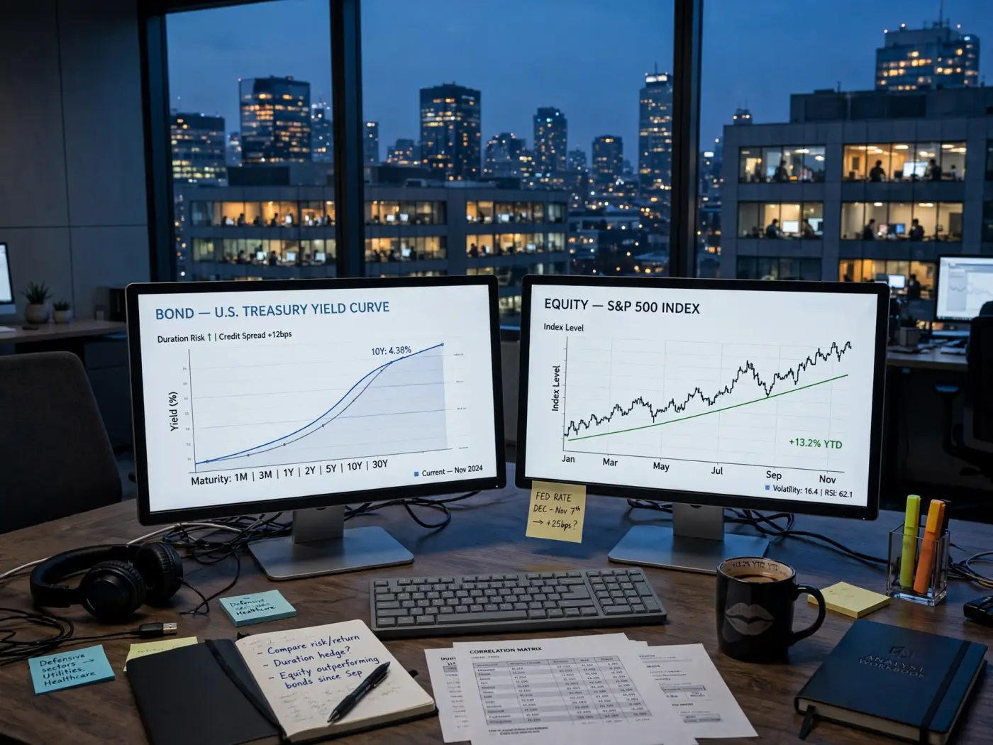 Espacio de trabajo de analista con dos monitores mostrando gráficos conceptuales de bonos y renta variable