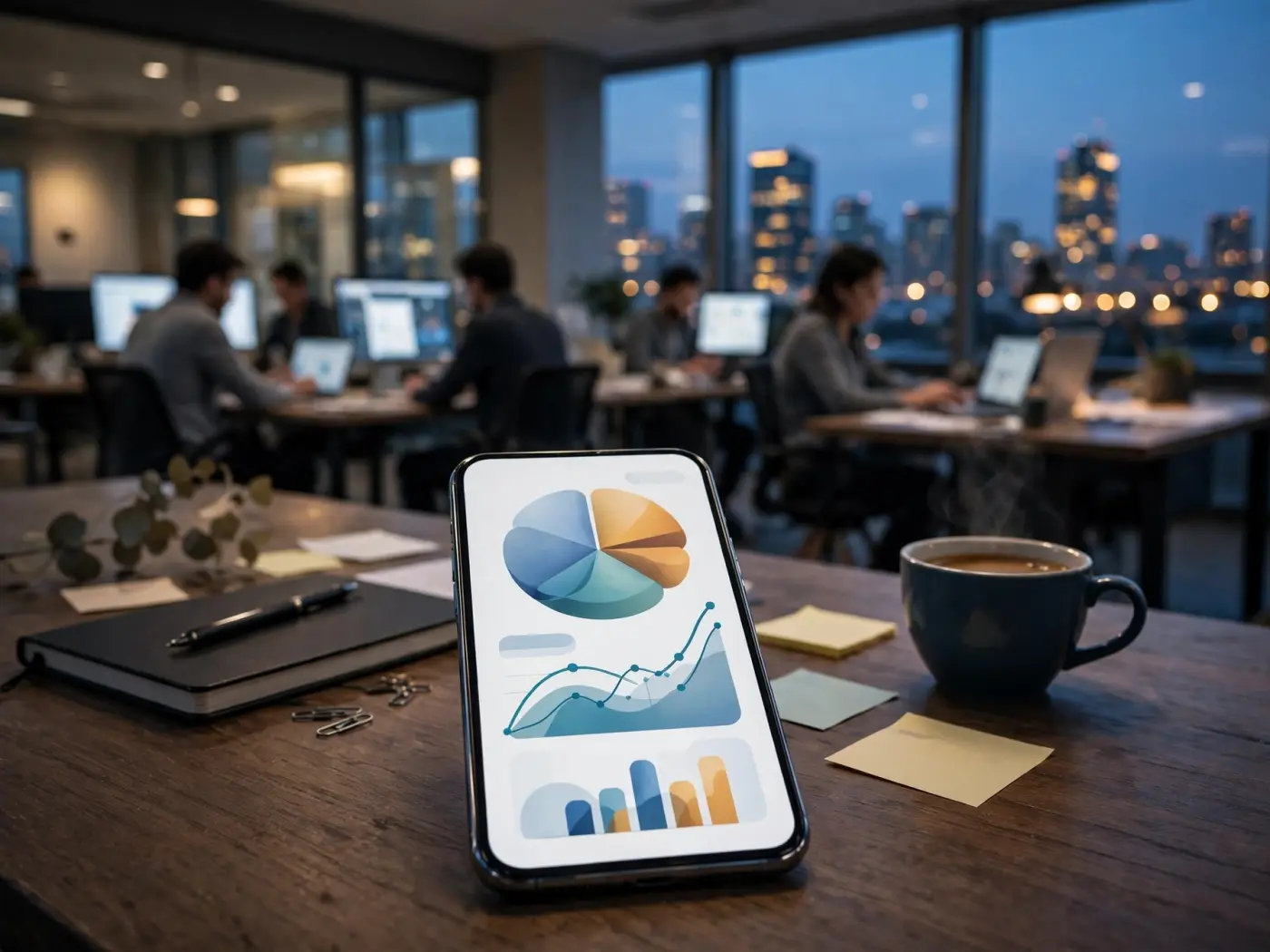 Teléfono inteligente en un escritorio mostrando una aplicación abstracta de finanzas personales con gráficos